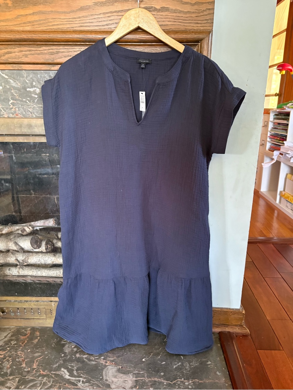 NWT Talbots Navy Short-Sleeve Drop-Waist Gauze Shift Ruffle Dress Size M